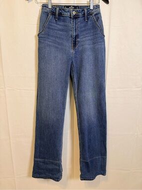 Hollister size 1S Women's Straight Leg Jeans in Dark Blue with plaid roll up